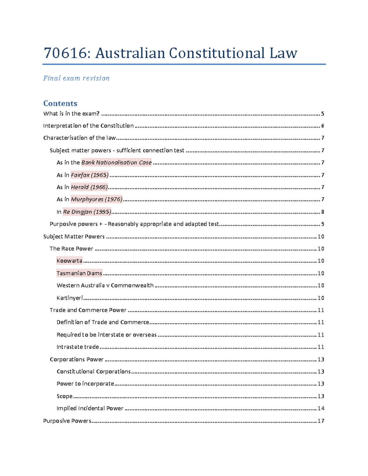 70616: Australian Constitutional Law Final Exam Revision Notes - Studocu