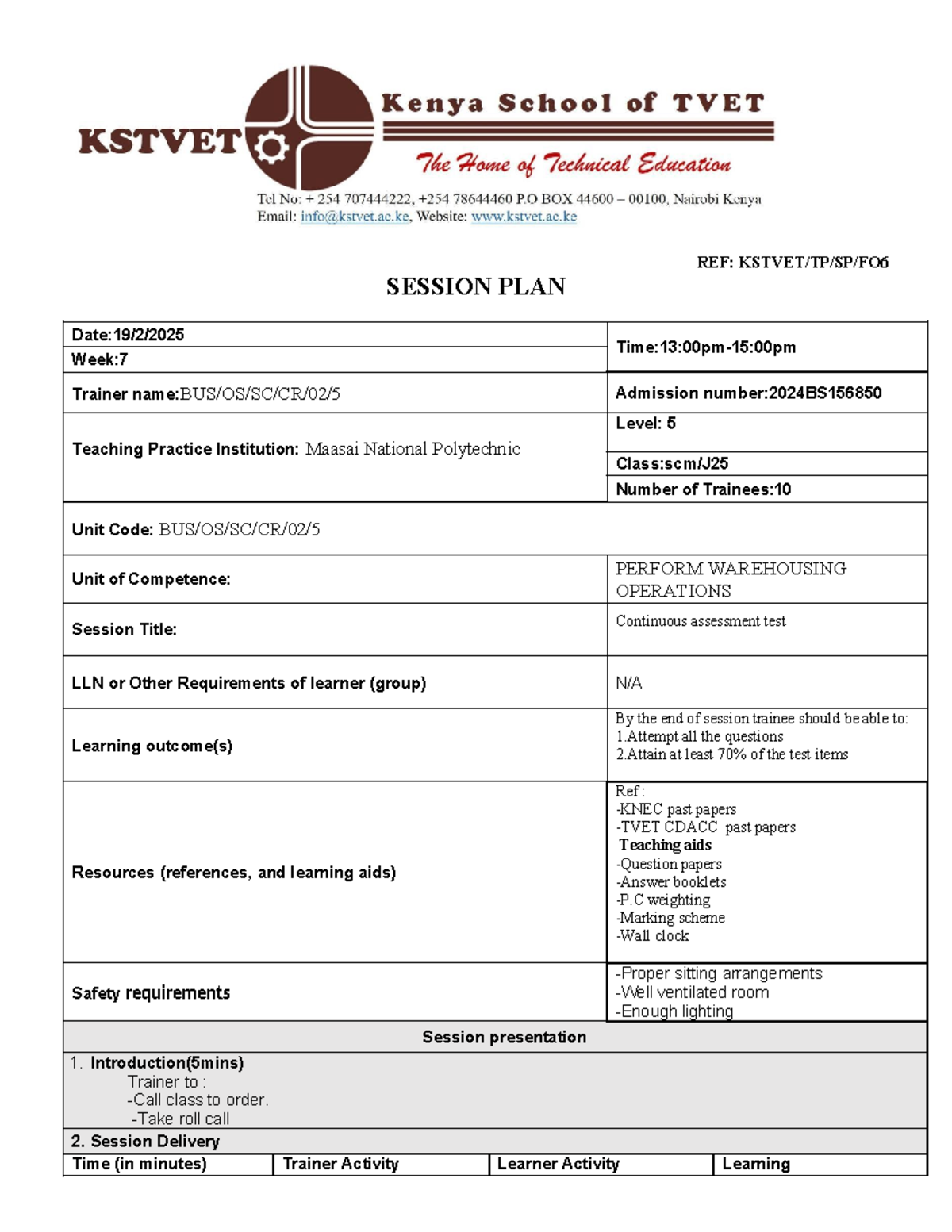 Session PLAN 2 week 7ware - REF: KSTVET/TP/SP/FO SESSION PLAN Date:19/2 ...