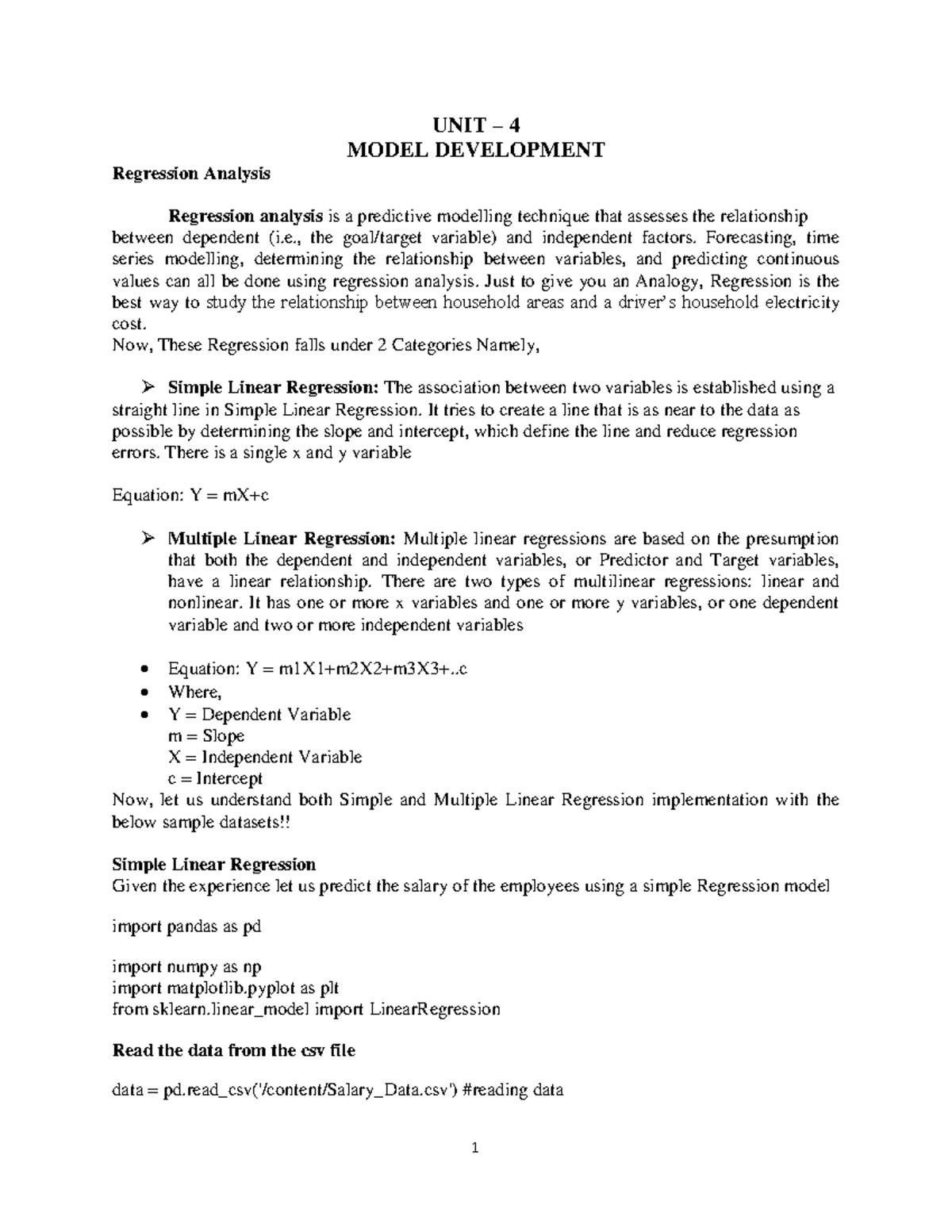 UNIT 4 DSA - Regression Analysis and Model Development - Studocu