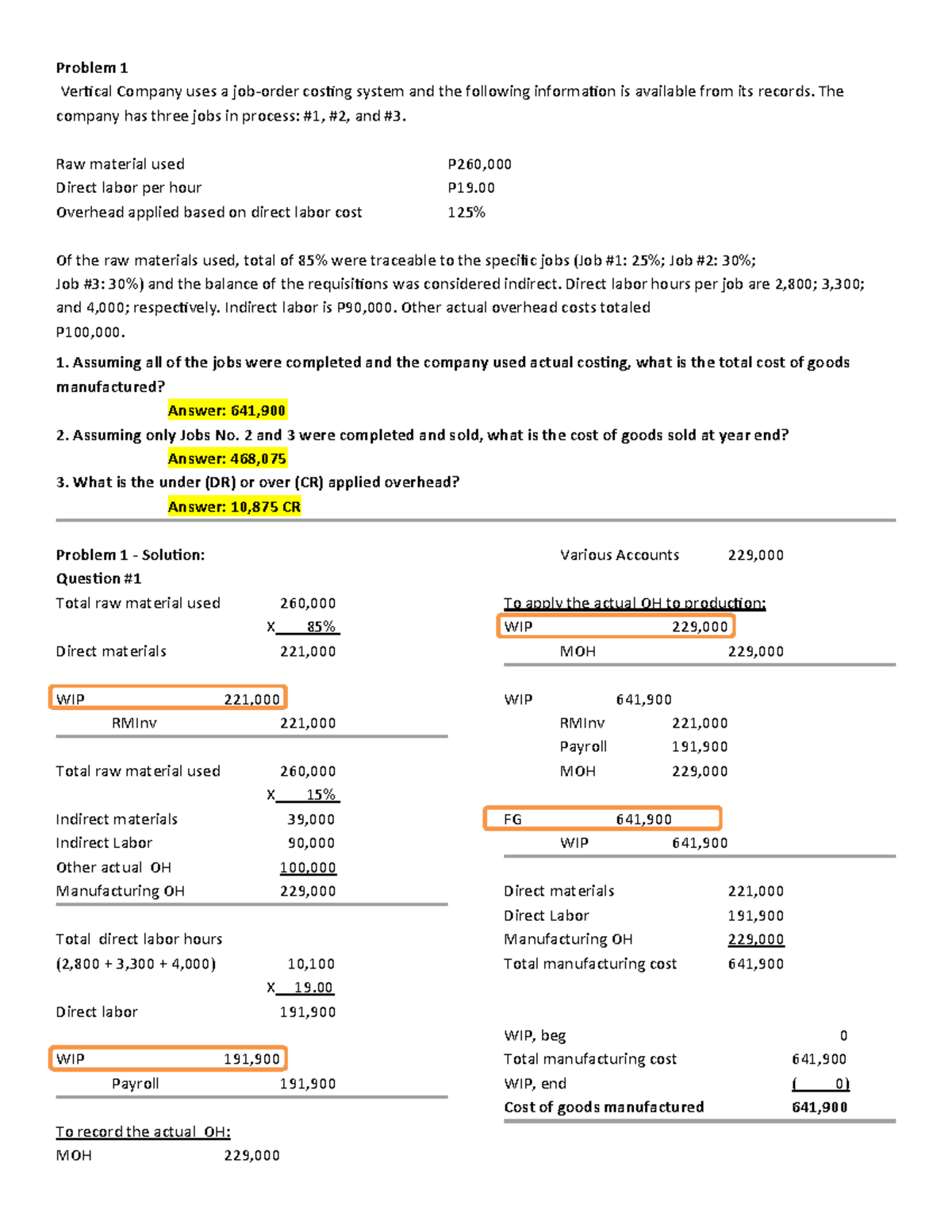 Costing Analysis and Solutions for Problem 1 & 3 (Course Code: Ilide ...