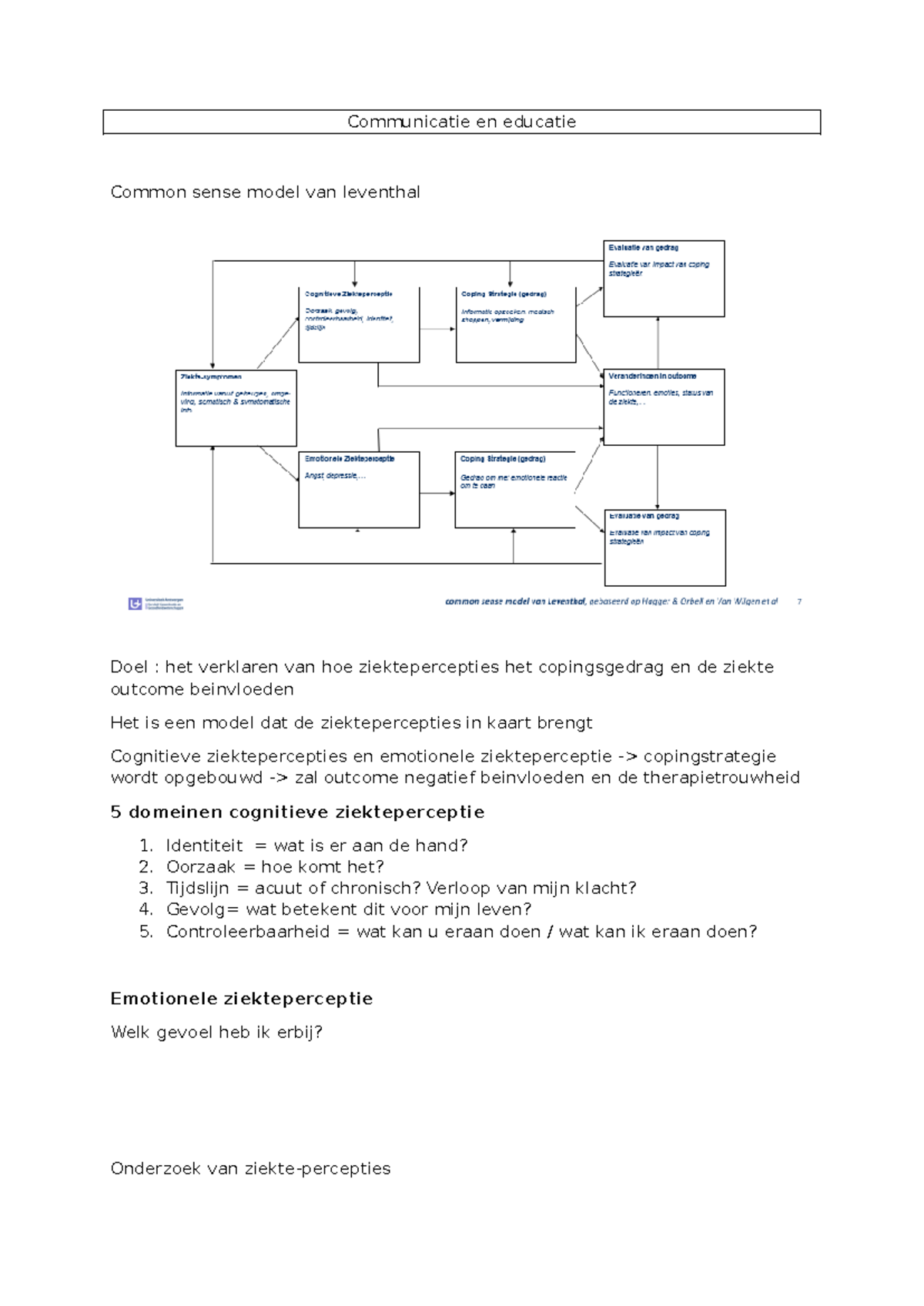 Communicatie en Educatie: Common Sense Model van Leventhal - Studocu