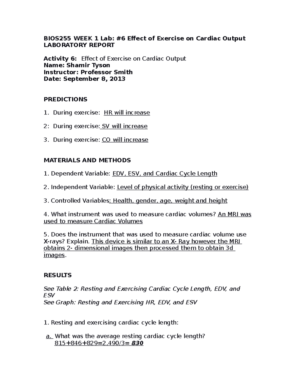 BIOS255 Lab Report: Effect of Exercise on Cardiac Output (Ch 28) - Studocu
