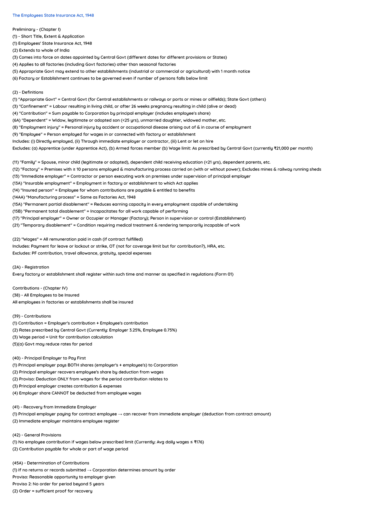 ESI Act, 1948: Chapter I Overview and Key Provisions Notes - Studocu