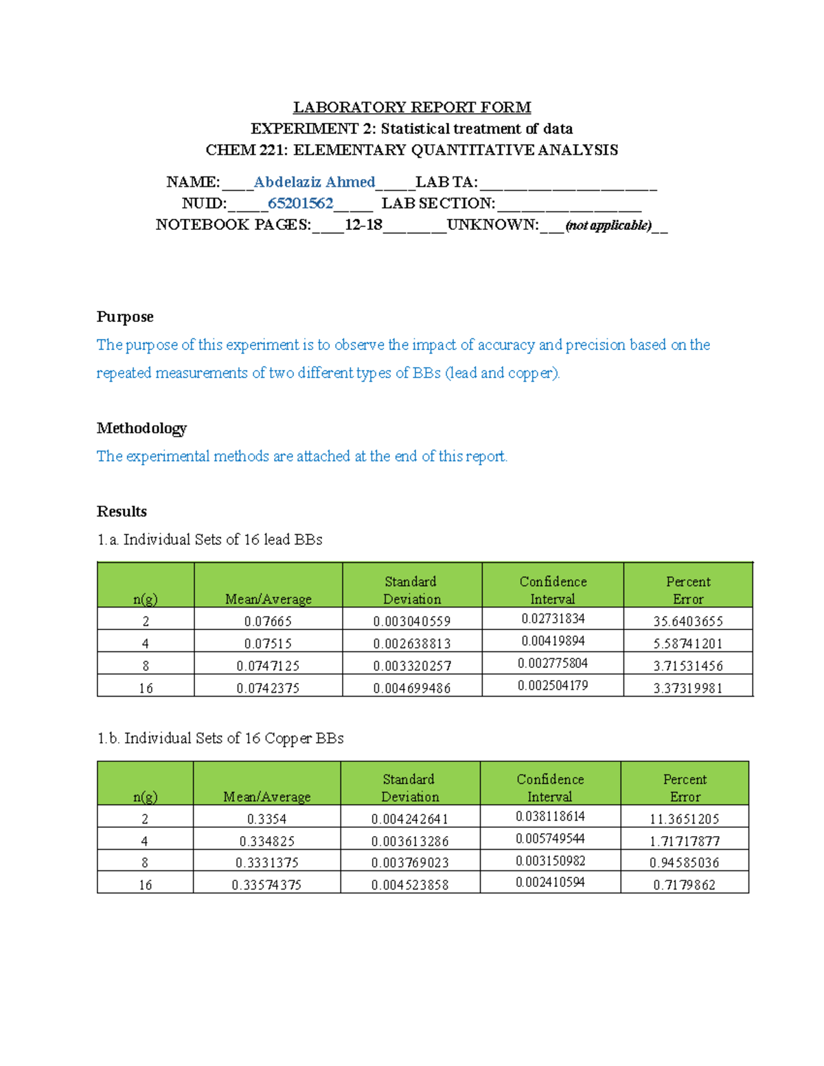 CHEM 221: Lab Report on Statistical Treatment of Data in Experiment 2 ...