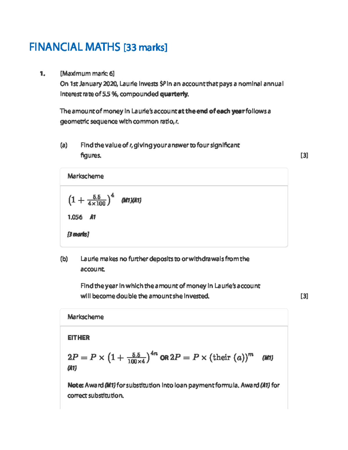 Financial Maths - Exam Questions & Markscheme Overview - Studocu