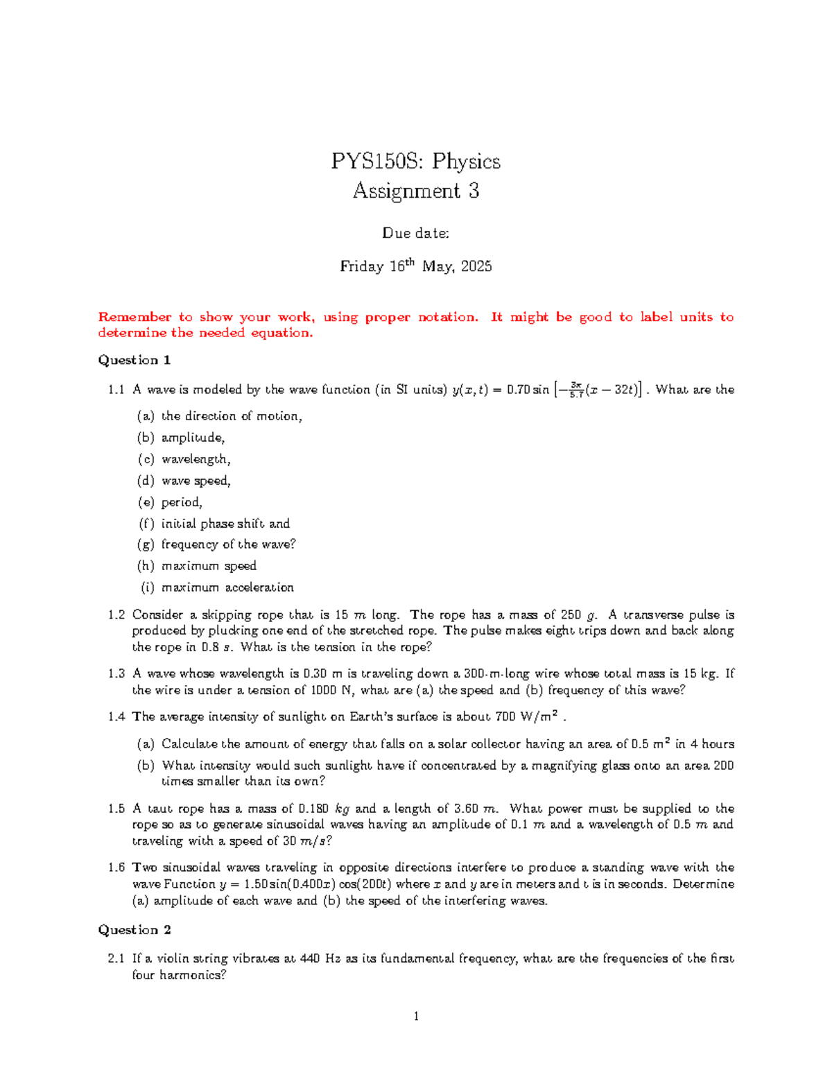 PYS150S: Physics Assignment 3 - Wave Functions and Harmonics Analysis ...