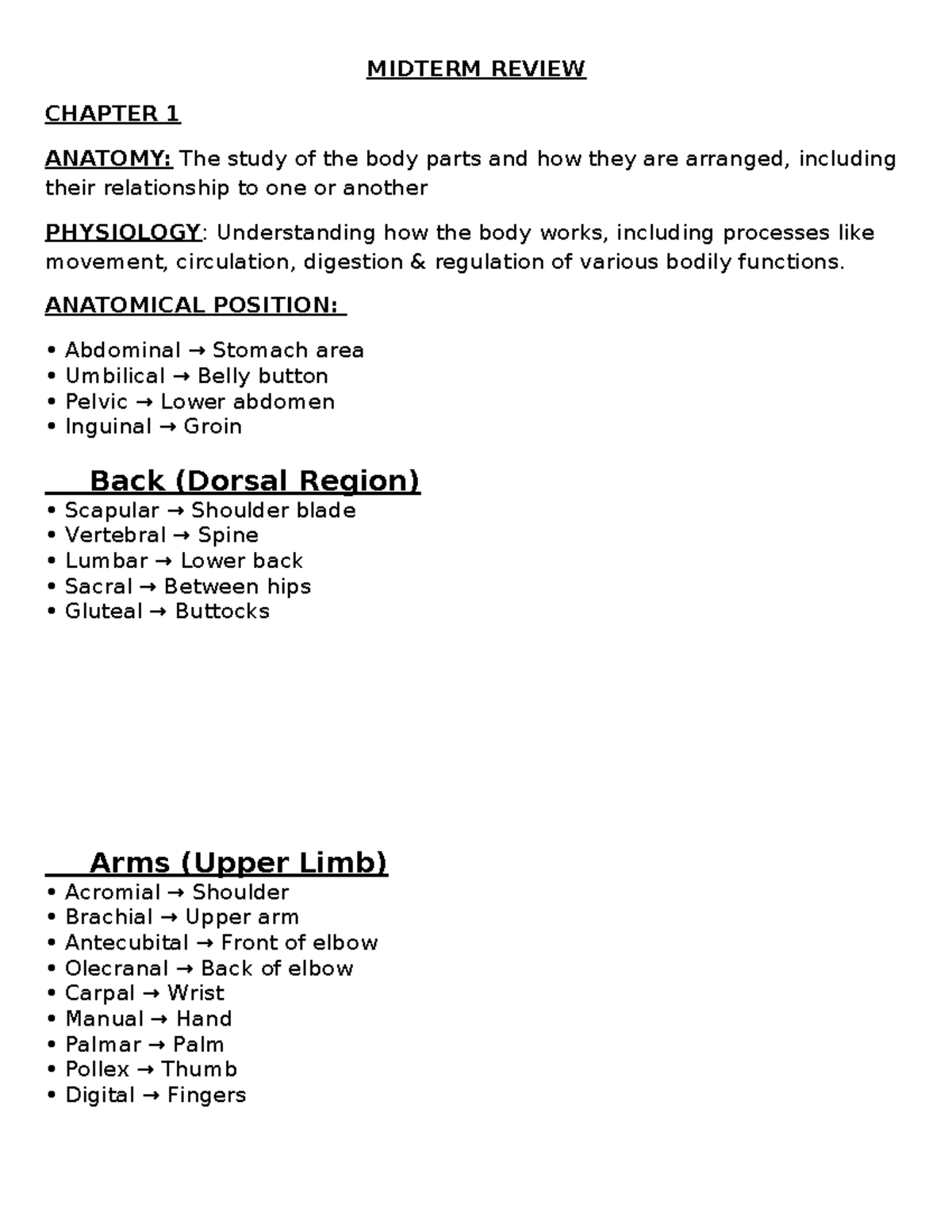 MIDTERM REVIEW ANATOMY & PHYSIOLOGY: CHAPTER 1 OVERVIEW - Studocu