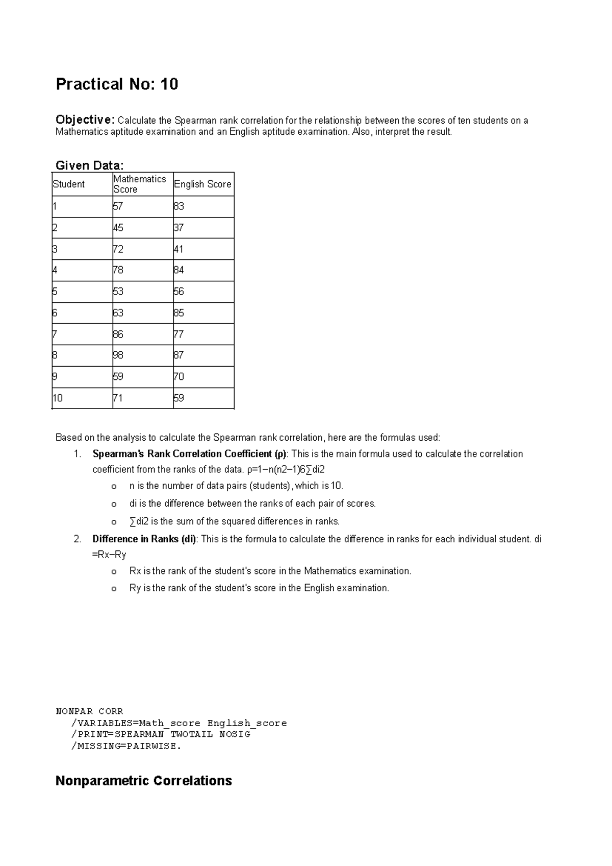 Practical 10: Spearman Rank Correlation Analysis in Statistics - Studocu