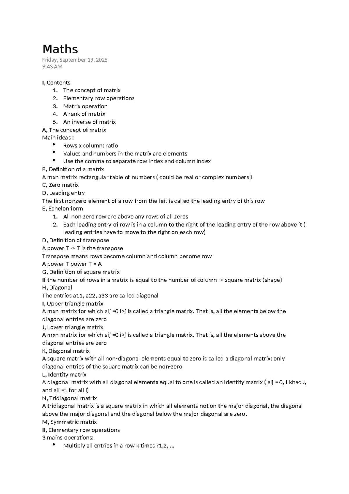 Maths 101: Matrix Concepts and Operations Notes - Studocu