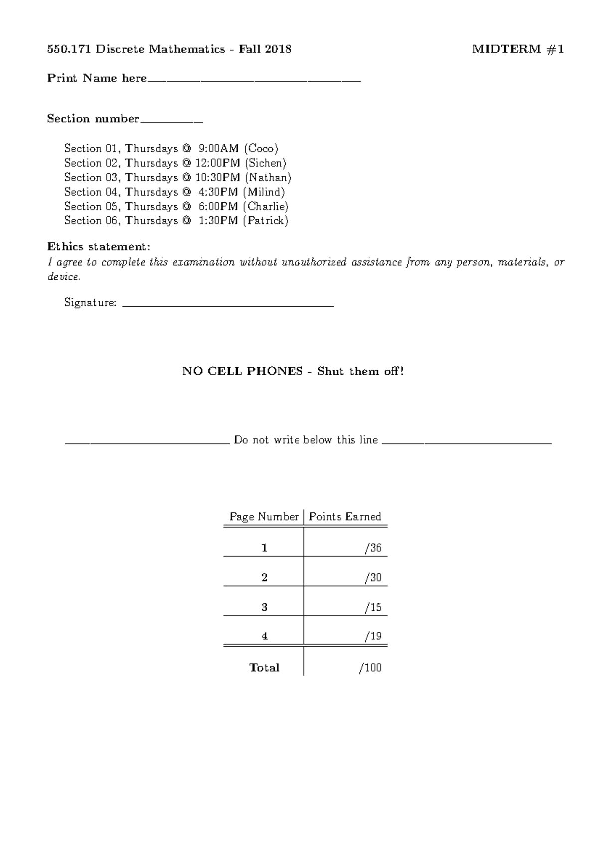 550.171 Discrete Math - Fall 2018 Midterm Exam #1 - Studocu
