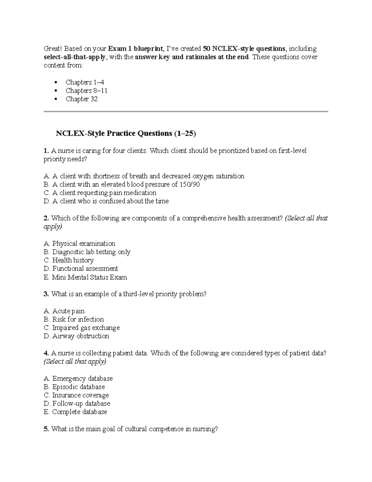 NCLEX Exam 1 Practice Questions (Chapters 32-50) with Answer Key ...