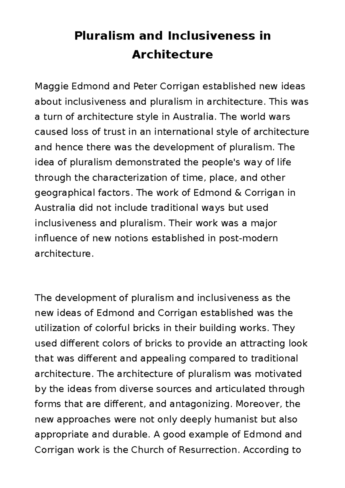 Pluralism and Inclusiveness in Architecture - Essay Sample - Studocu