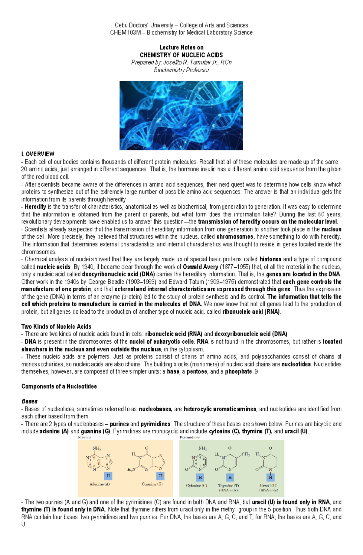 Unit 7: Nucleic Acids - Comprehensive Review Notes for CHEM 103M - Studocu