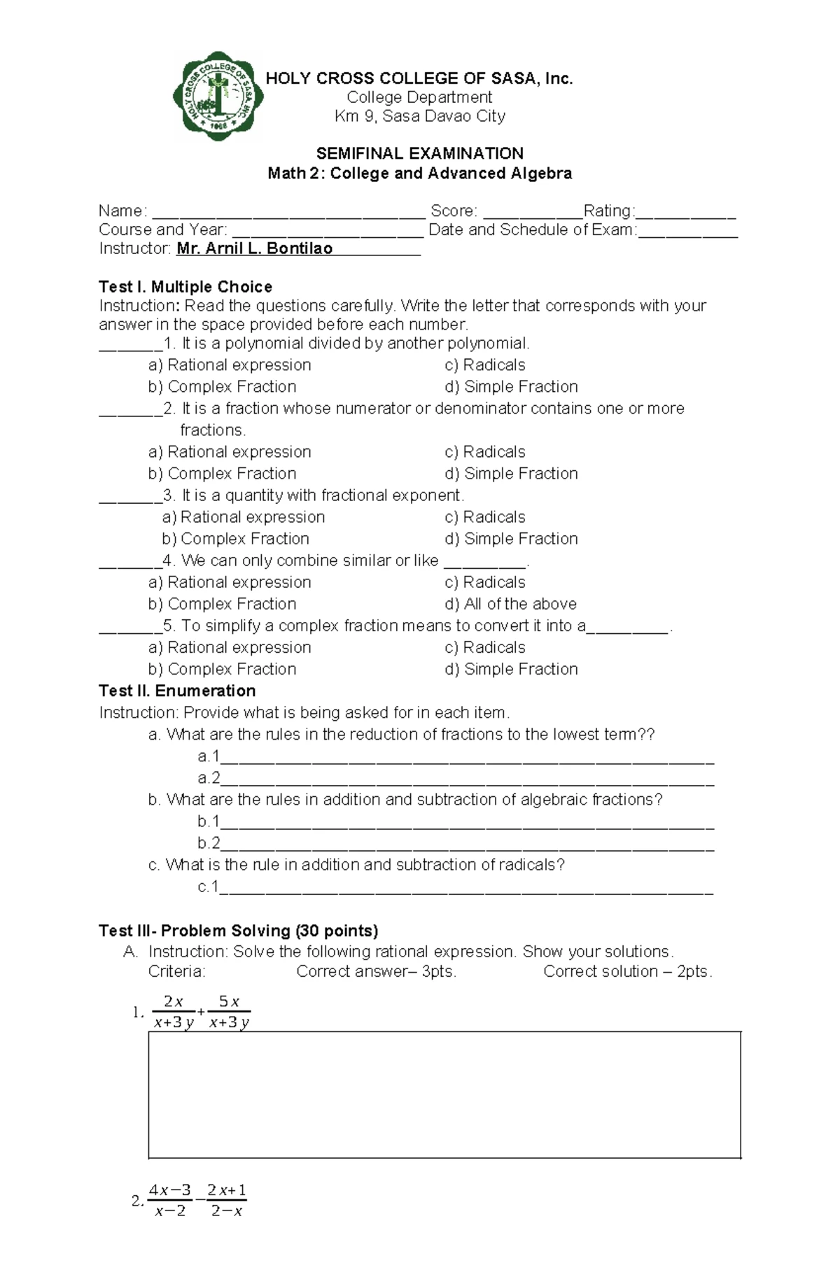TOS Math 12 - Final Exam Specifications & Guidelines - Studocu
