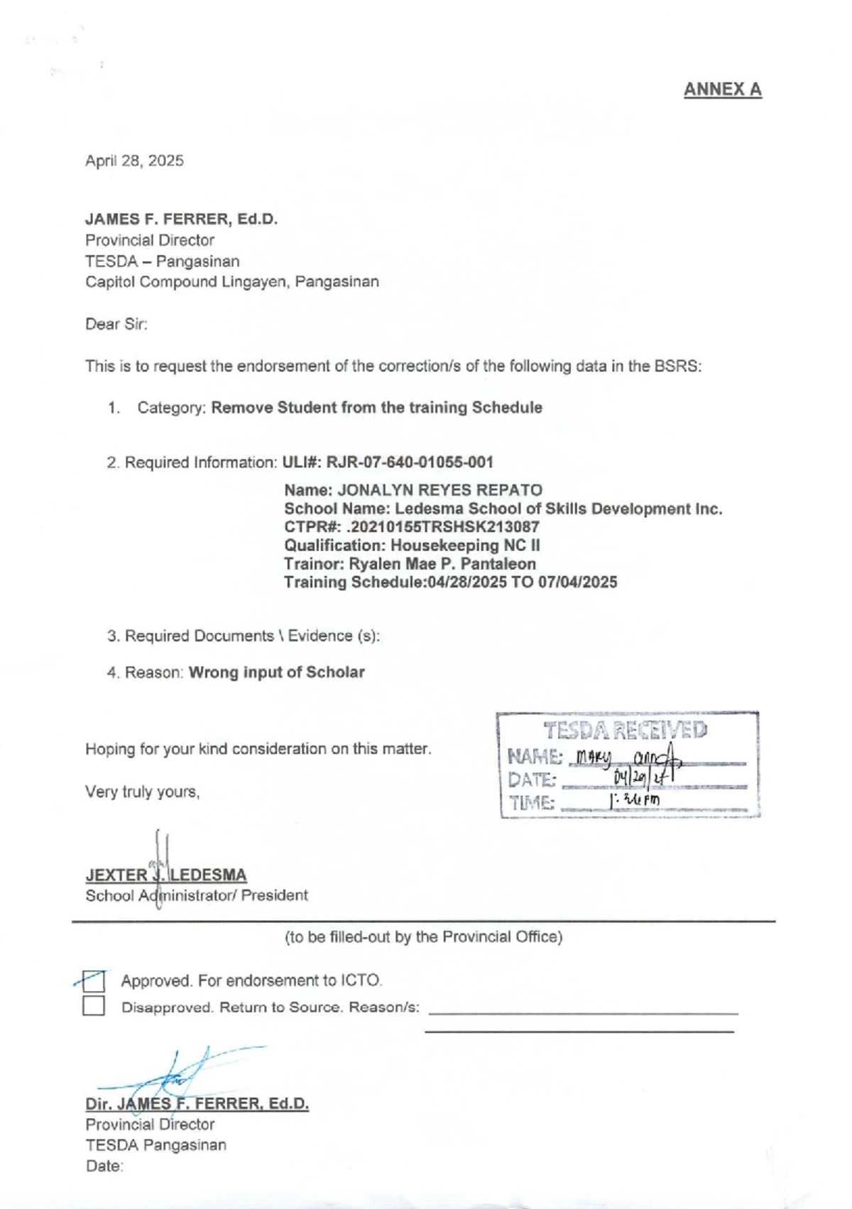Annex A: Endorsement Request for Training Schedule Correction - Studocu