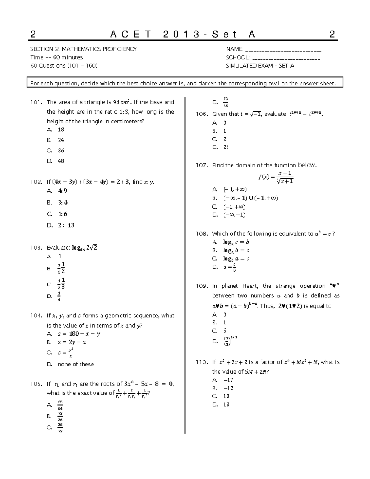 ACET 2013 Set A2 - Mathematics Proficiency Mock Exam - Studocu