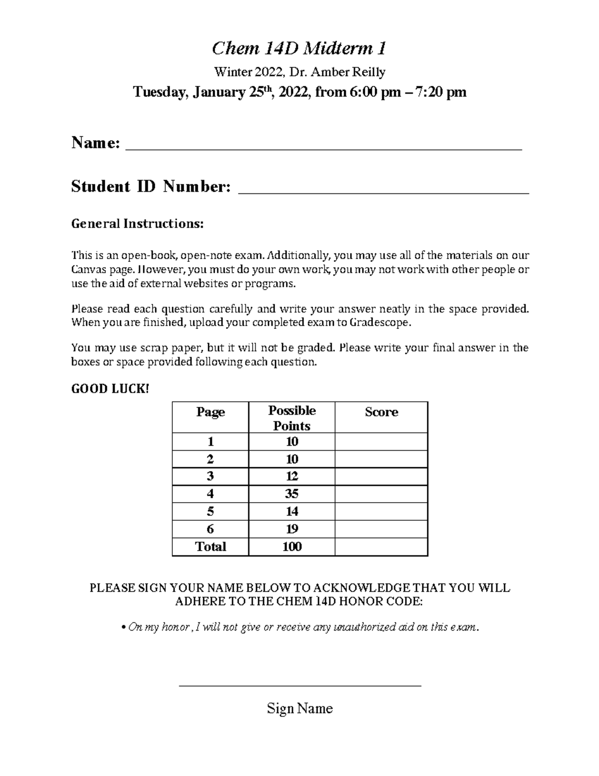 Chem 14D Midterm 1 (W22) - Chem 14D Midterm 1 Winter 2022, Dr. Amber ...