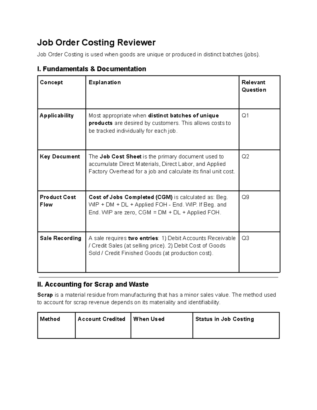 Job Order Costing Review: Key Concepts and Applications - Studocu
