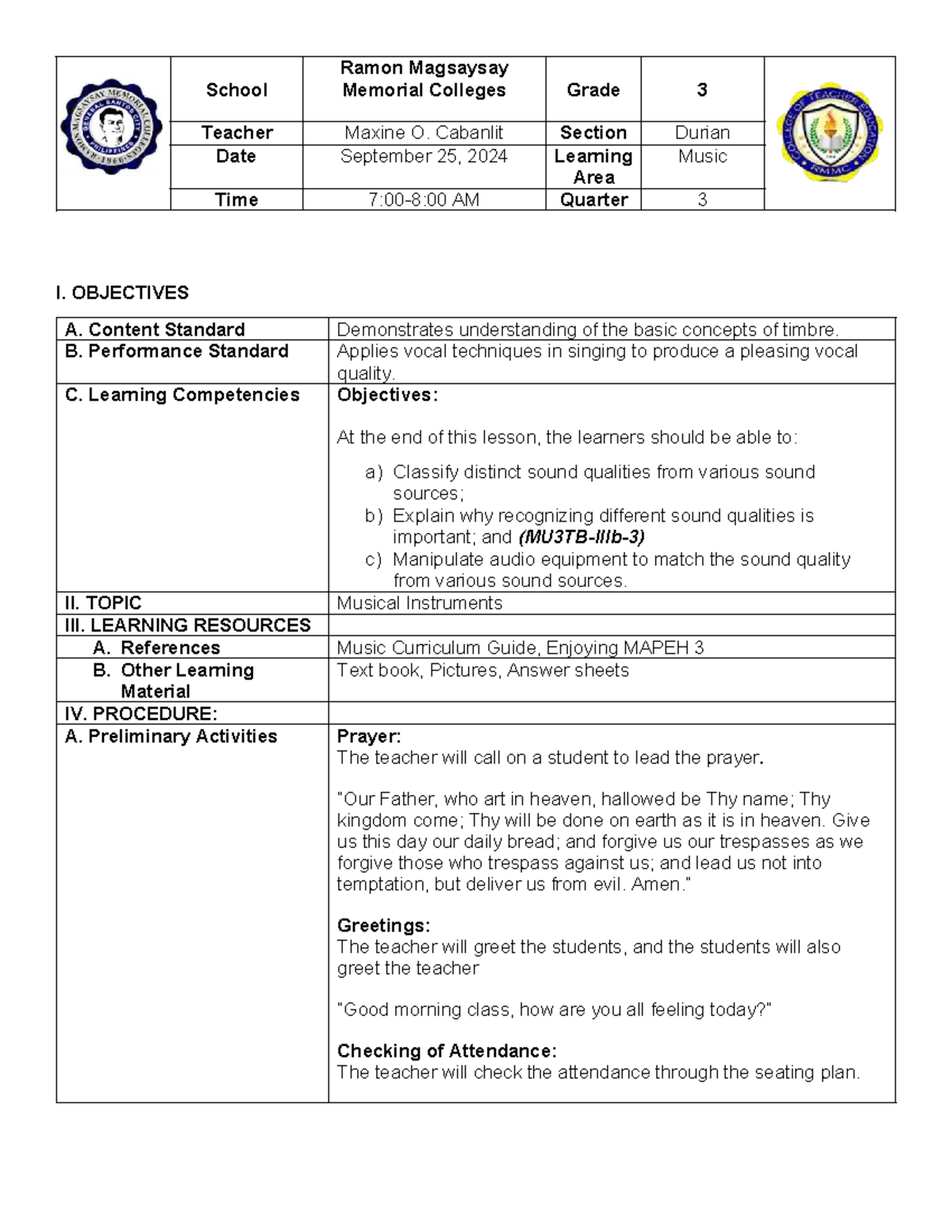 LP Engttl - Lesson Plan for Grade 3 Music: Understanding Timbre - Studocu