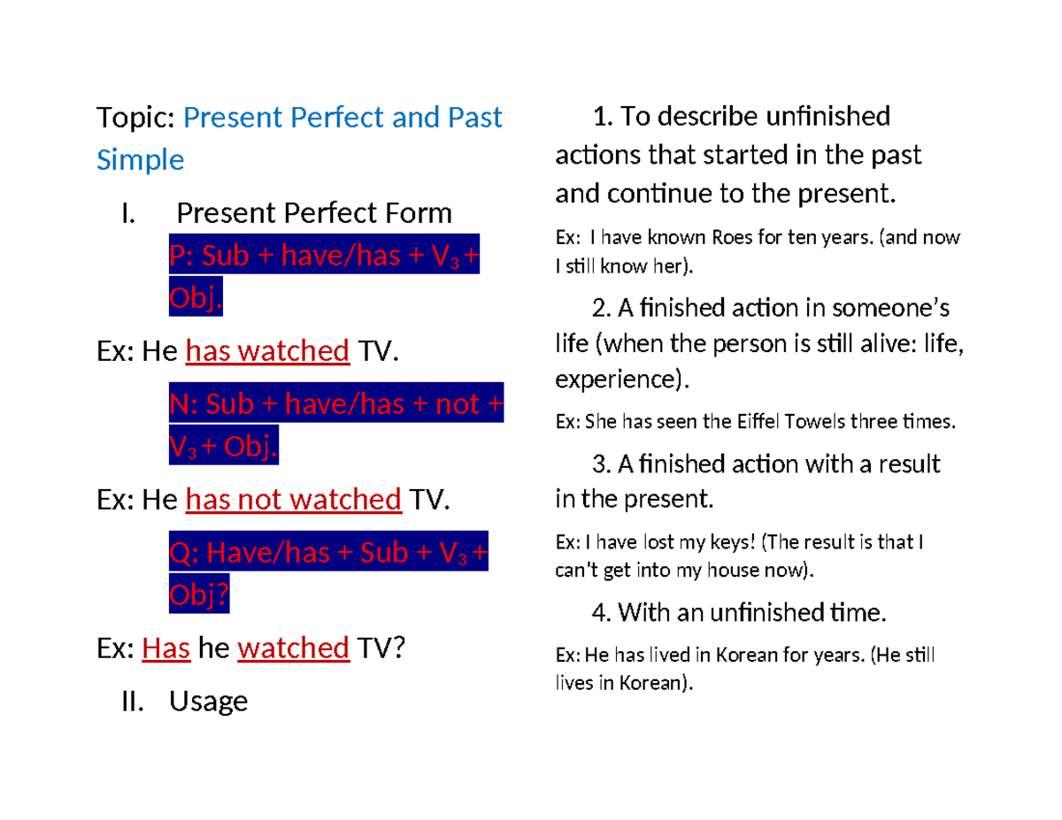 Topic Present Perfect and Past Simple - Present Perfect Form P: Sub ...