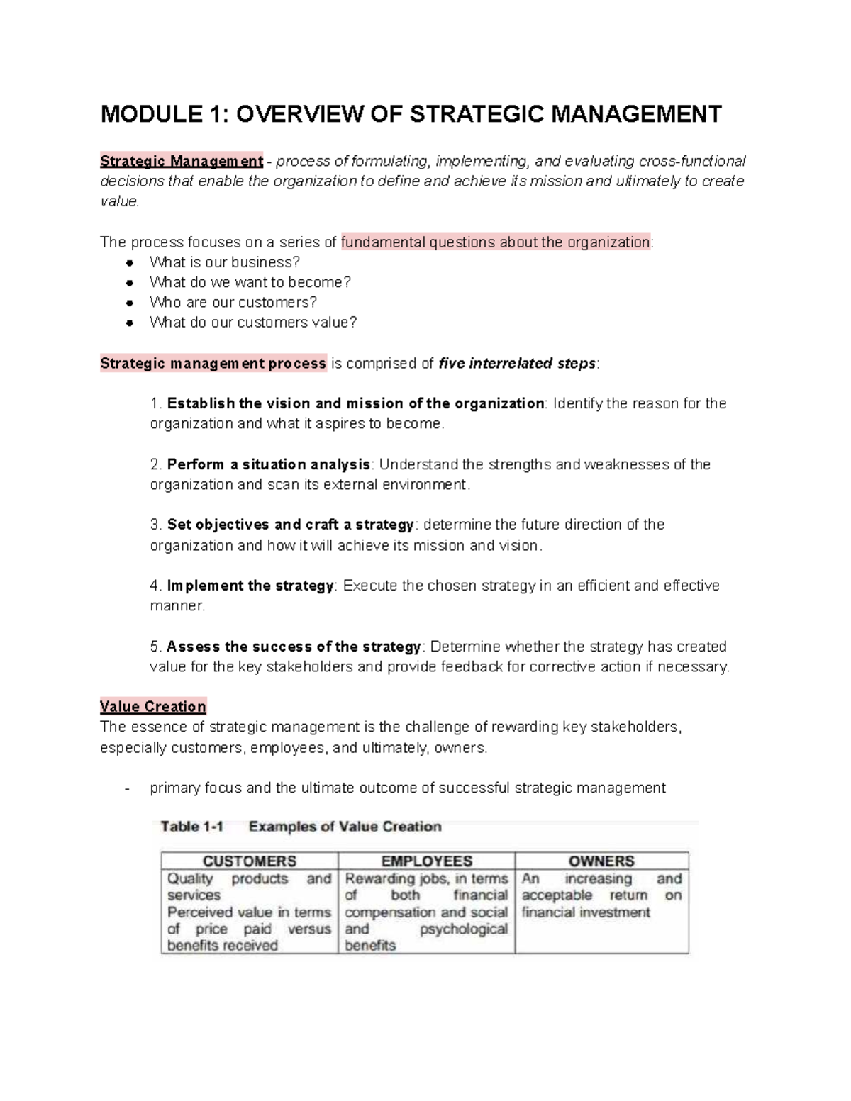 MODULE 1: STRATEGIC MANAGEMENT OVERVIEW & VALUE CREATION - Studocu