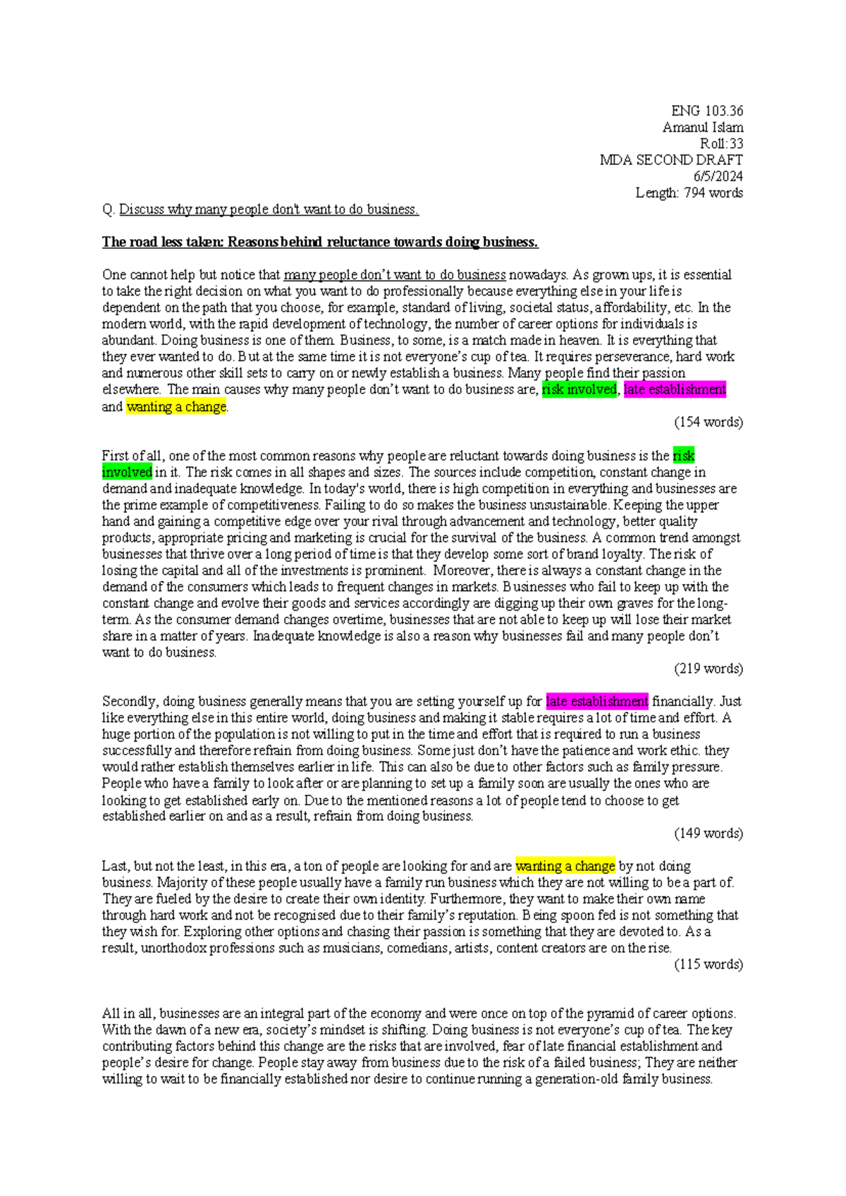 MDA-Amanul 2 - multi draft essay - ENG 103. Amanul Islam Roll: MDA ...