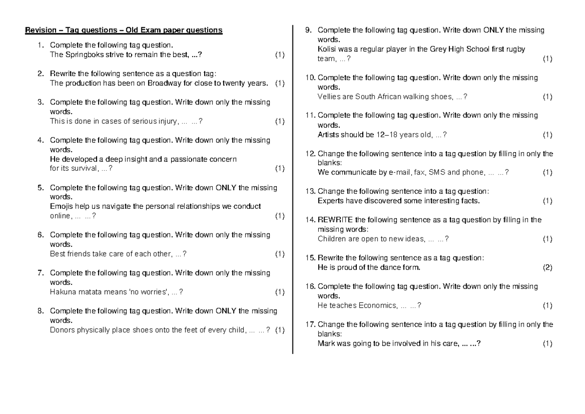 Revision of Tag Questions - Old Exam Paper Sample Questions - Studocu