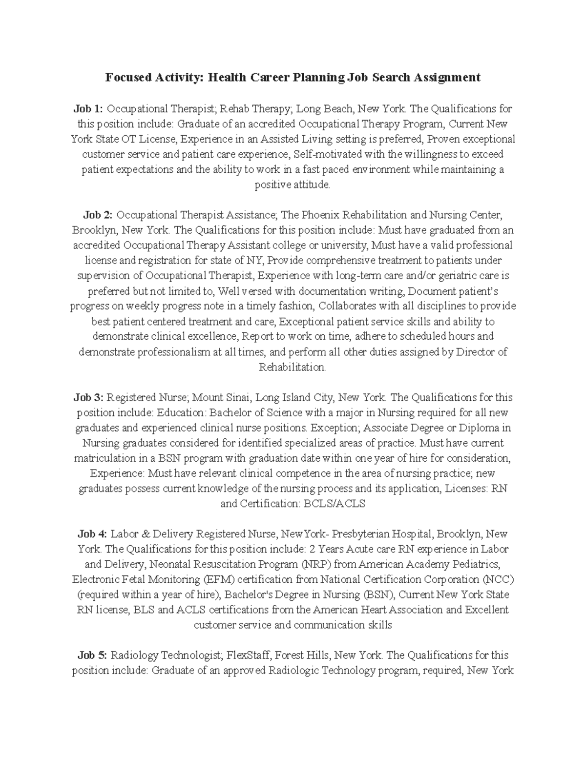 Health Career Job Search Assignment: Focus on Key Positions & Skills ...