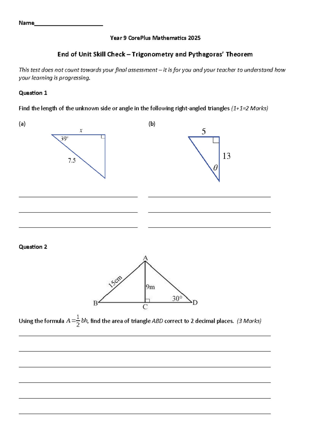 Year 9 CorePlus Maths - End of Unit Skill Check on Trigonometry - Studocu