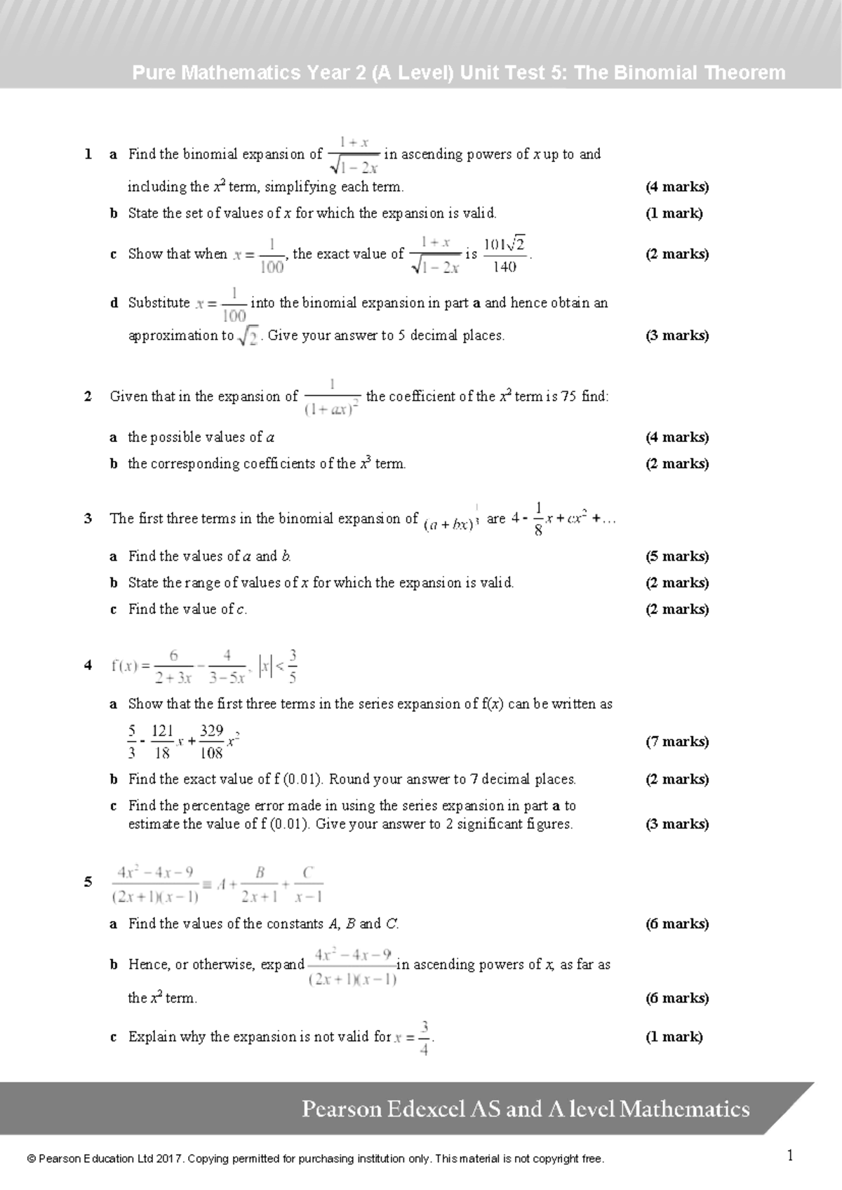 A Level Pure Maths Year 2 Unit Test 5: Binomial Theorem Guide - Studocu