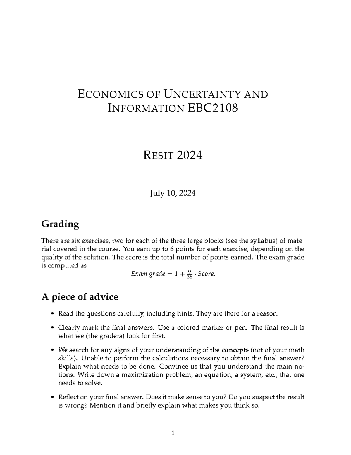 2024EUI Resit Exam - Economics of Uncertainty & Information - Studeersnel