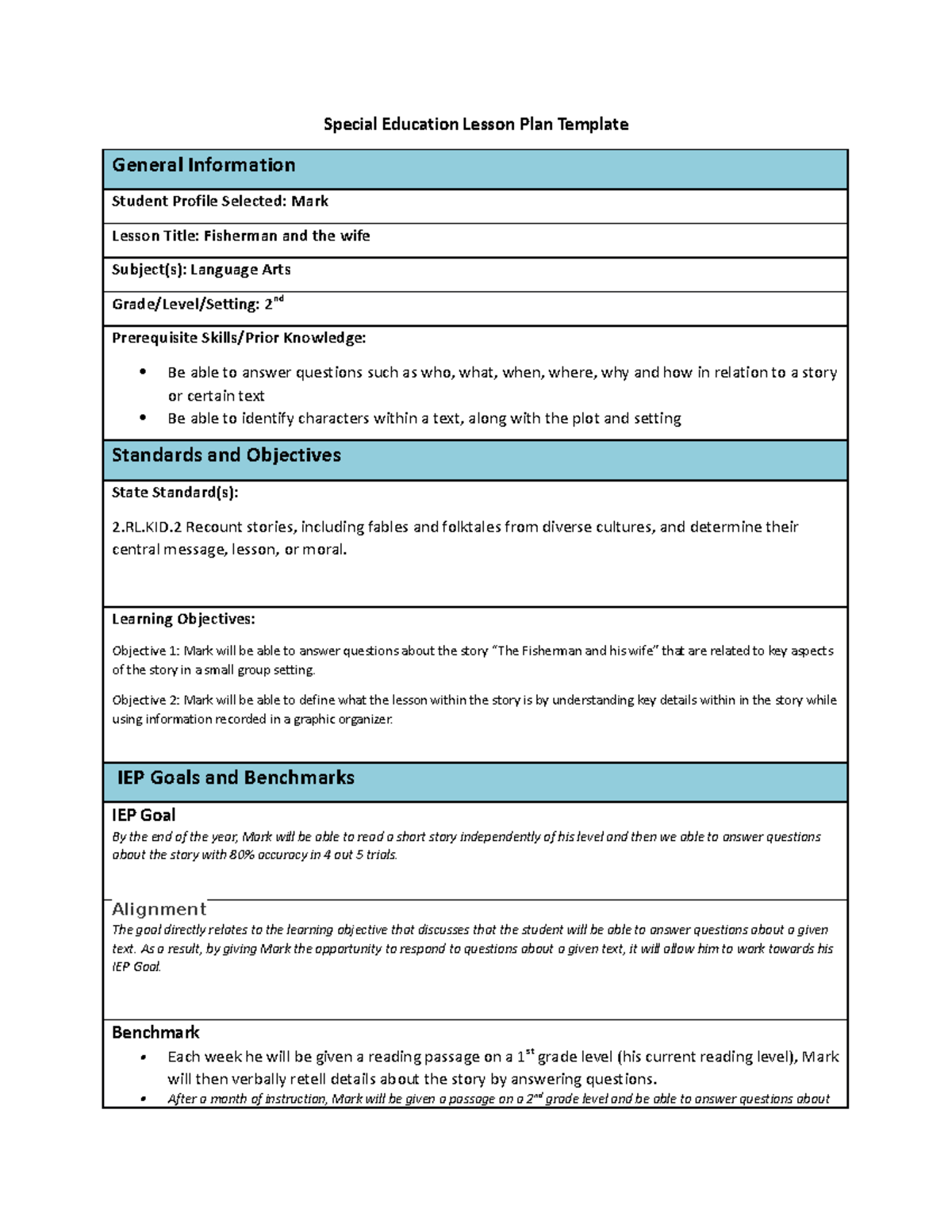 Considerations for Instructional Planning: Special Ed Lesson Plan (Task ...