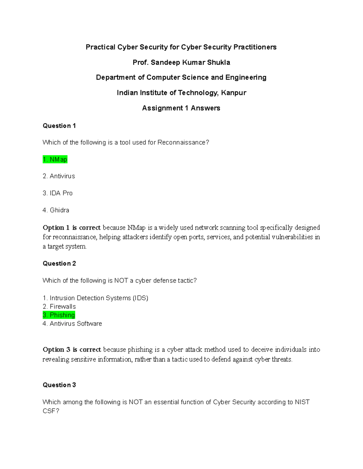 Responses to Assignment 1 - Practical Cyber Security (NPTEL 2025) - Studocu