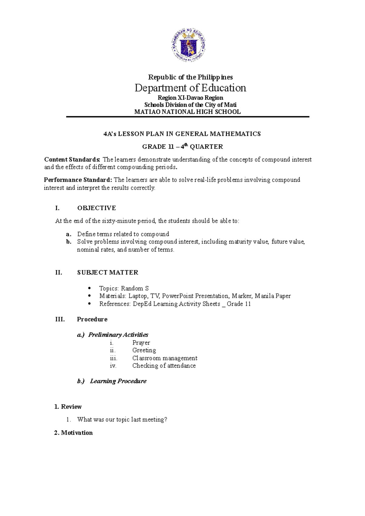 Grade 11 General Mathematics Lesson Plan: Compound Interest Concepts ...