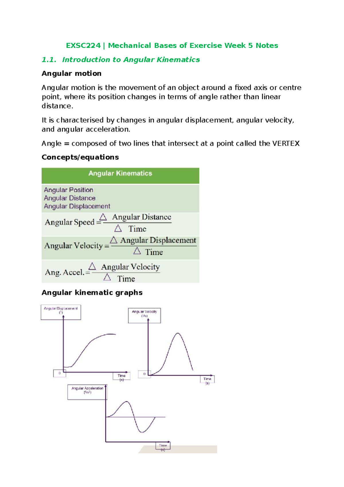 EXSC224 Week 5 Notes: Introduction to Angular Kinematics - Studocu