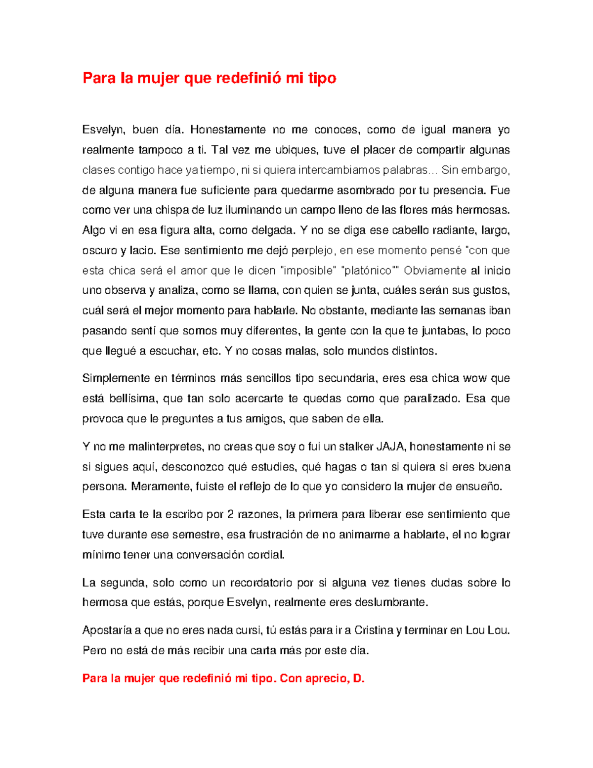 Carta a Esvelyn: La Mujer que Redefinió Mi Tipo - ESVE - Studocu