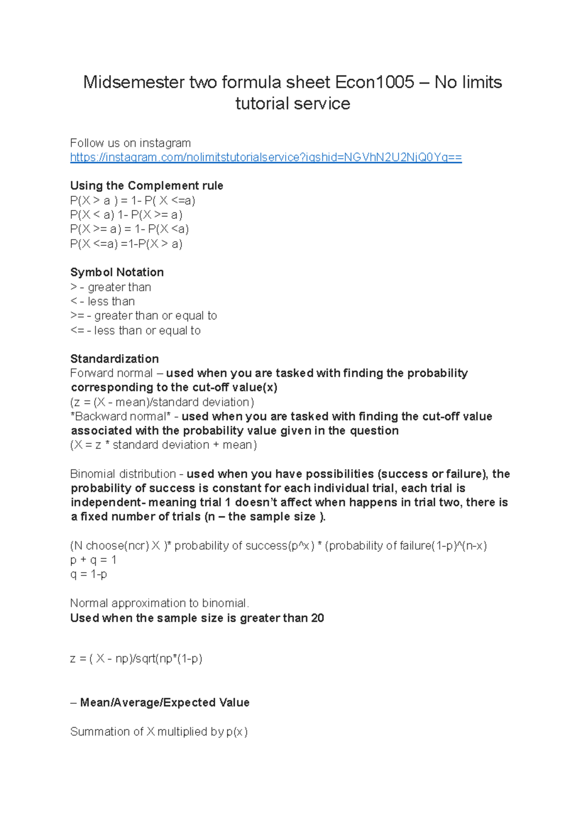 ECON 1005 Midsemester 2 Formula Sheet - No Limits Tutorial Service ...