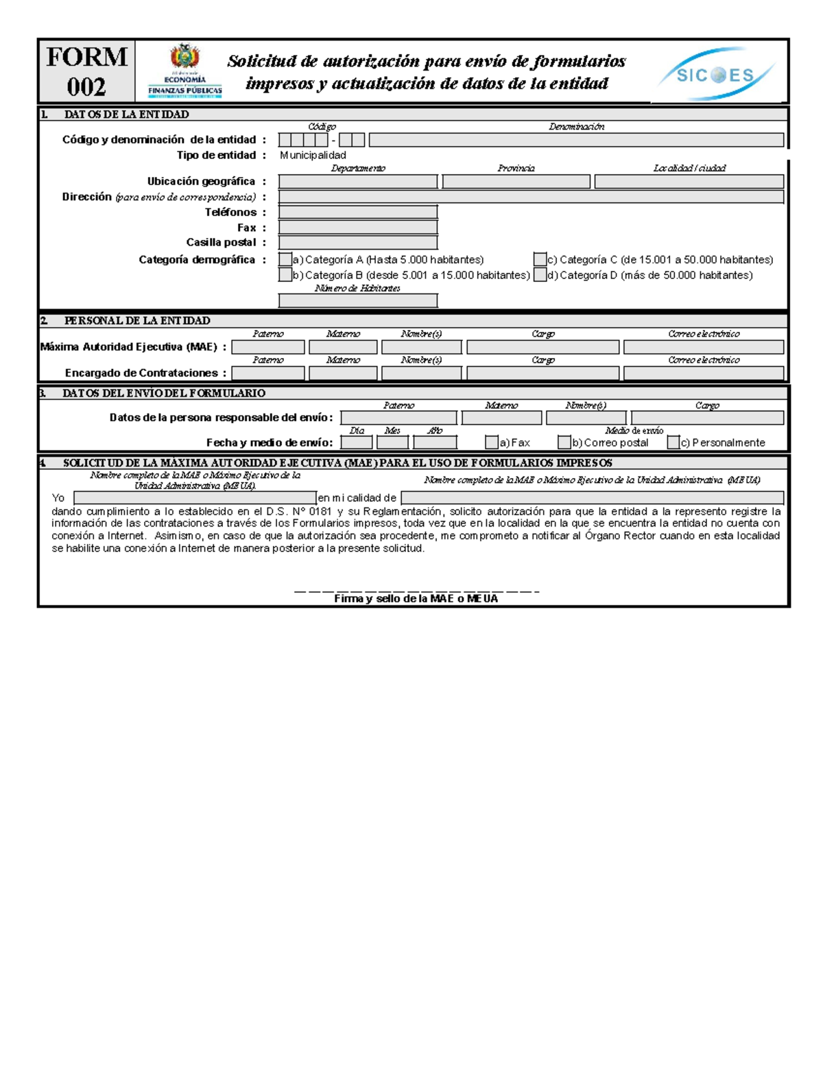 FORM 002: Solicitud de Autorización para Envío de Formularios Impresos ...