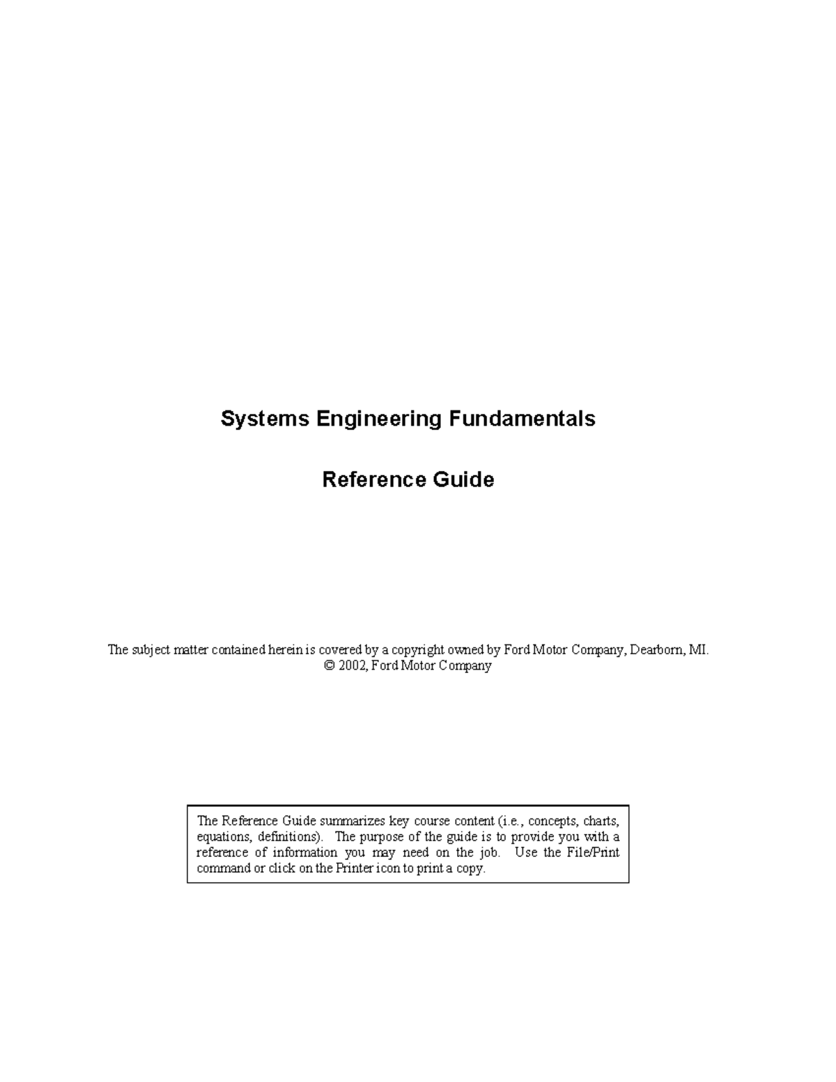 Fundamentals of Systems Engineering Reference Guide (SEF 2002 ...