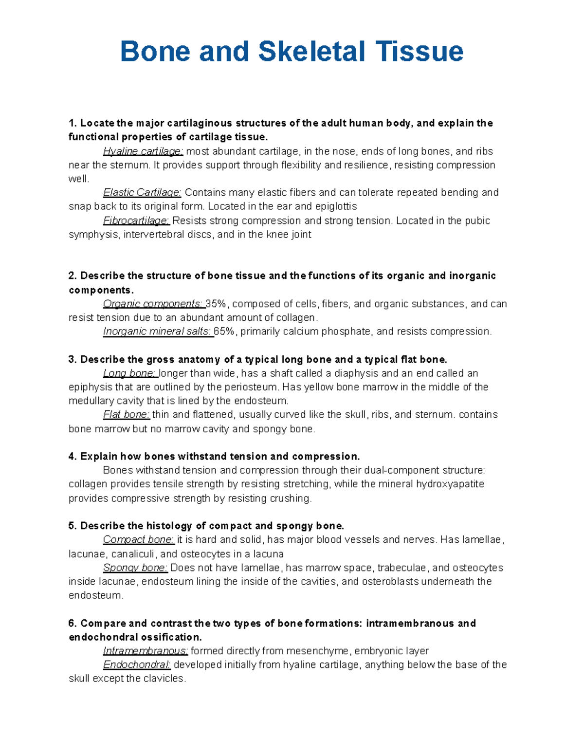 Comprehensive Study Guide for Final Exam: Bone & Skeletal Tissue - Studocu