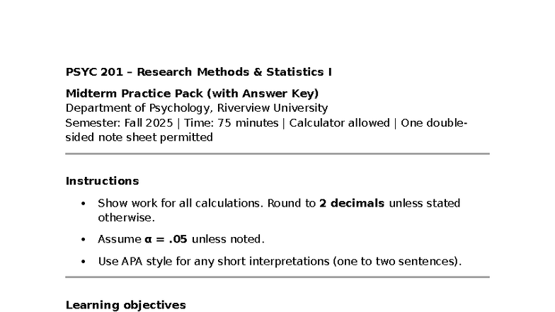PSYC 201 Research Methods Statistics I Midterm Practice Pack - Studocu