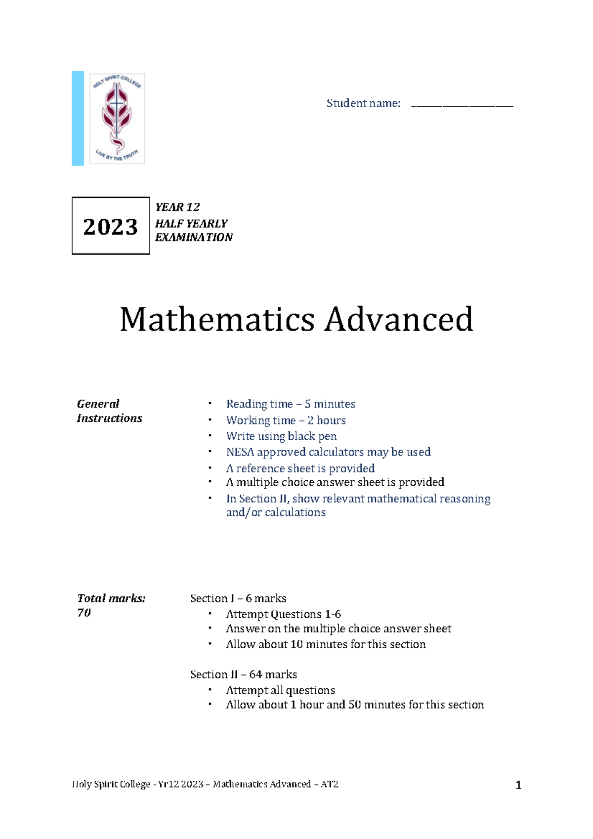 Yr12 2023 Mathematics Advanced AT2 Half Yearly Exam Guide - Studocu