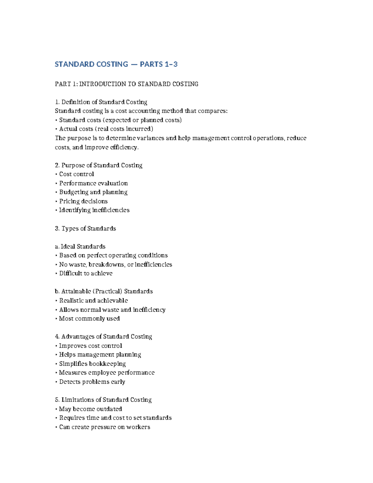 Standard Costing (ACCT 101): Intro, Variance Analysis & Overhead - Studocu