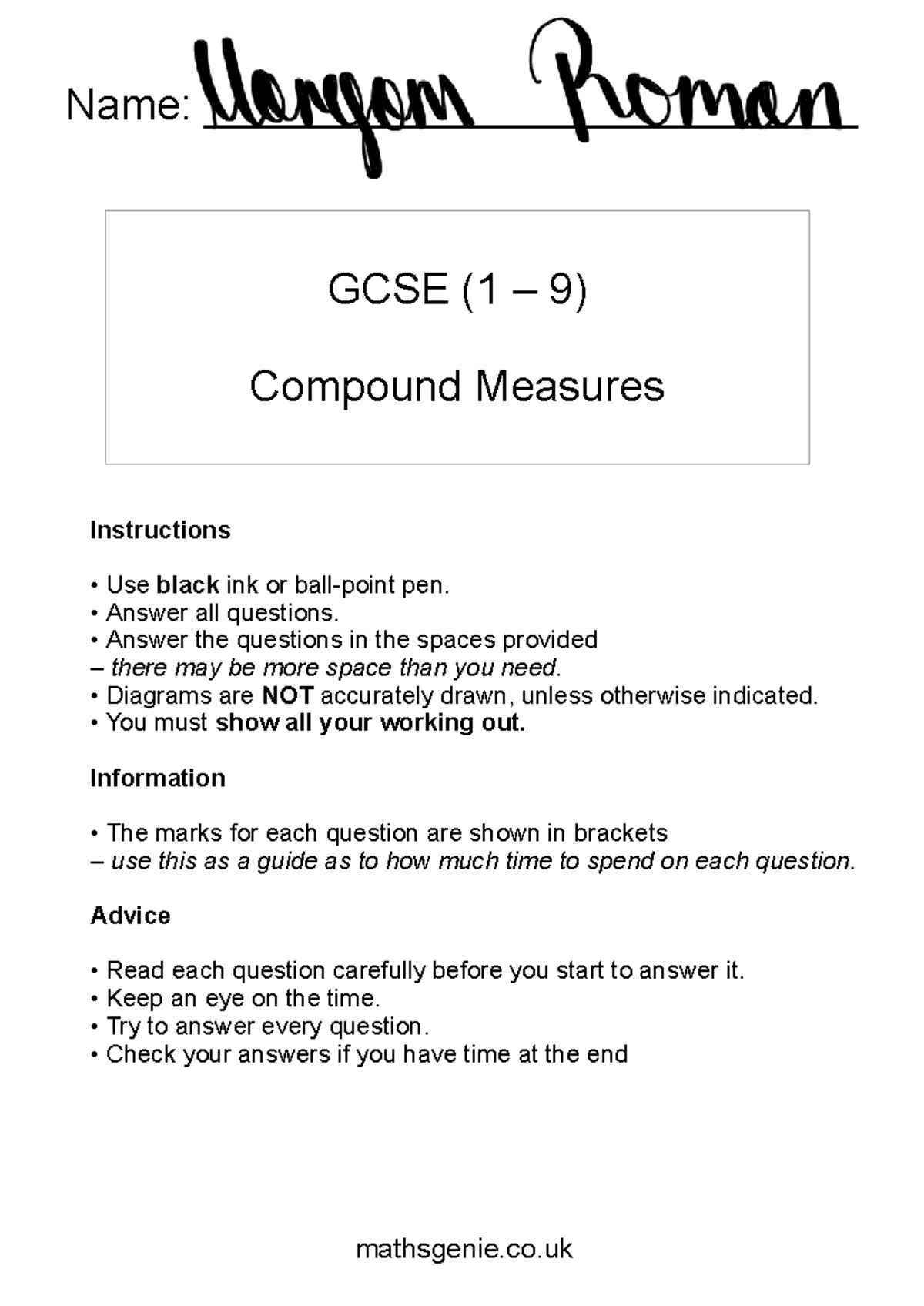 GCSE (1 9) Compound Measures Practice Questions and Instructions - Studocu