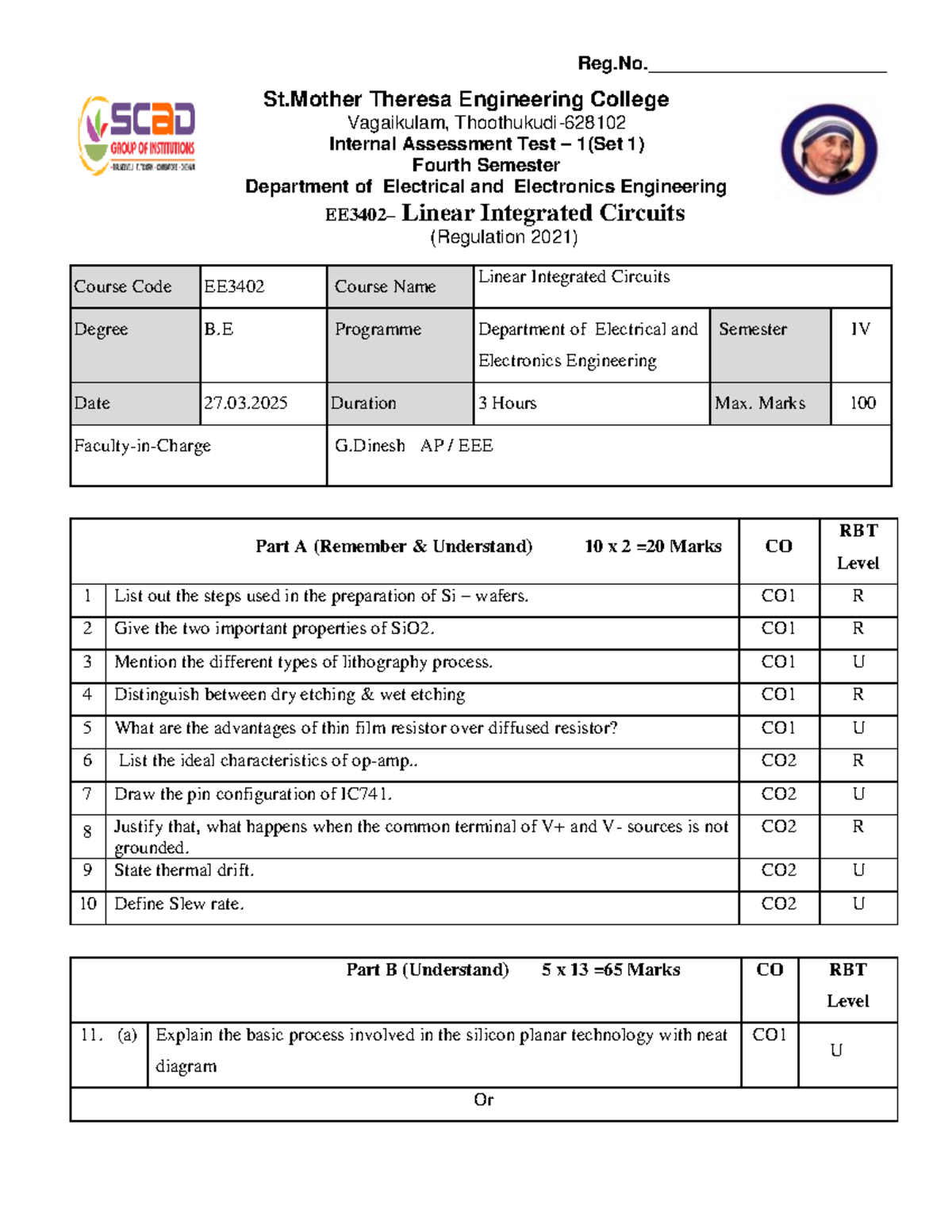 Lic Iat Qp Linear Integrated Circuits Ee3402 4th Sem Studocu