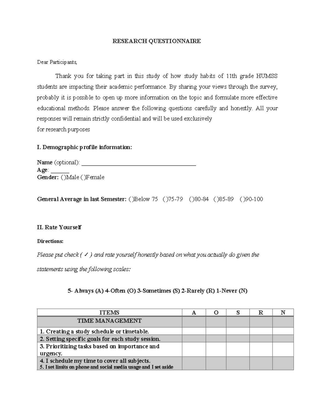 Research Questionnaire on 11th Grade HUMSS Study Habits - Studocu