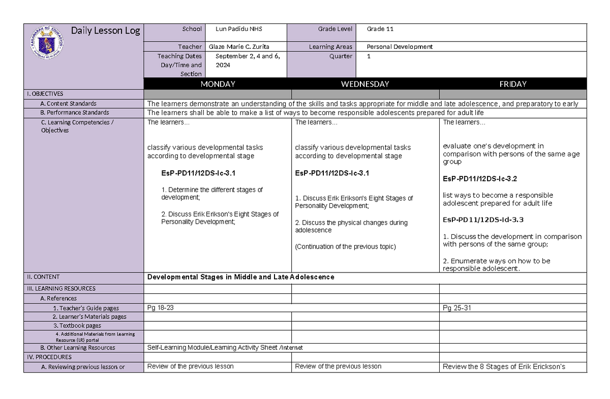 DLL Perdev Q1 W6: Daily Lesson Log for Personal Development - Studocu