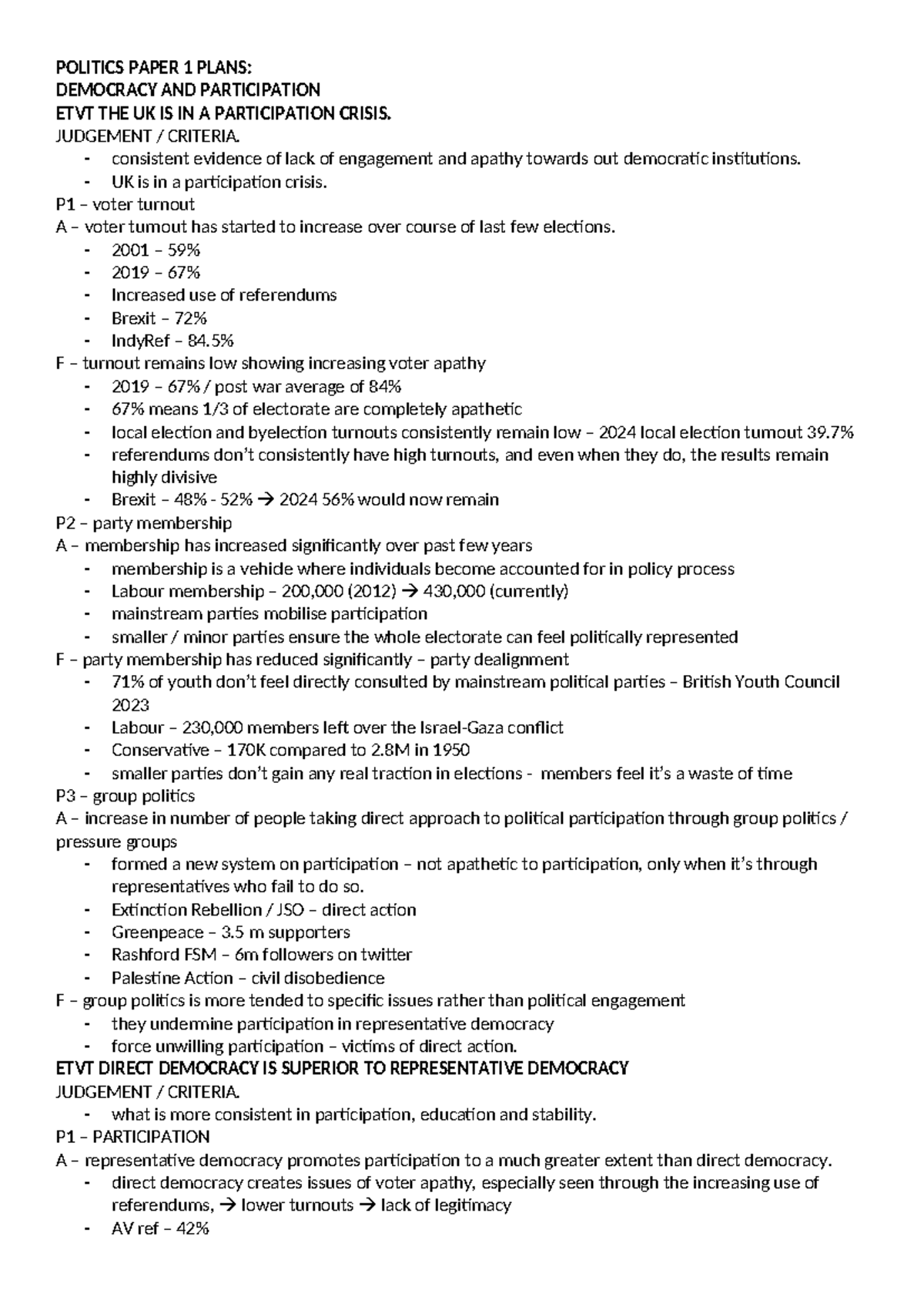 Politics Paper 1 Plans: Democracy, Participation, and the UK Crisis ...