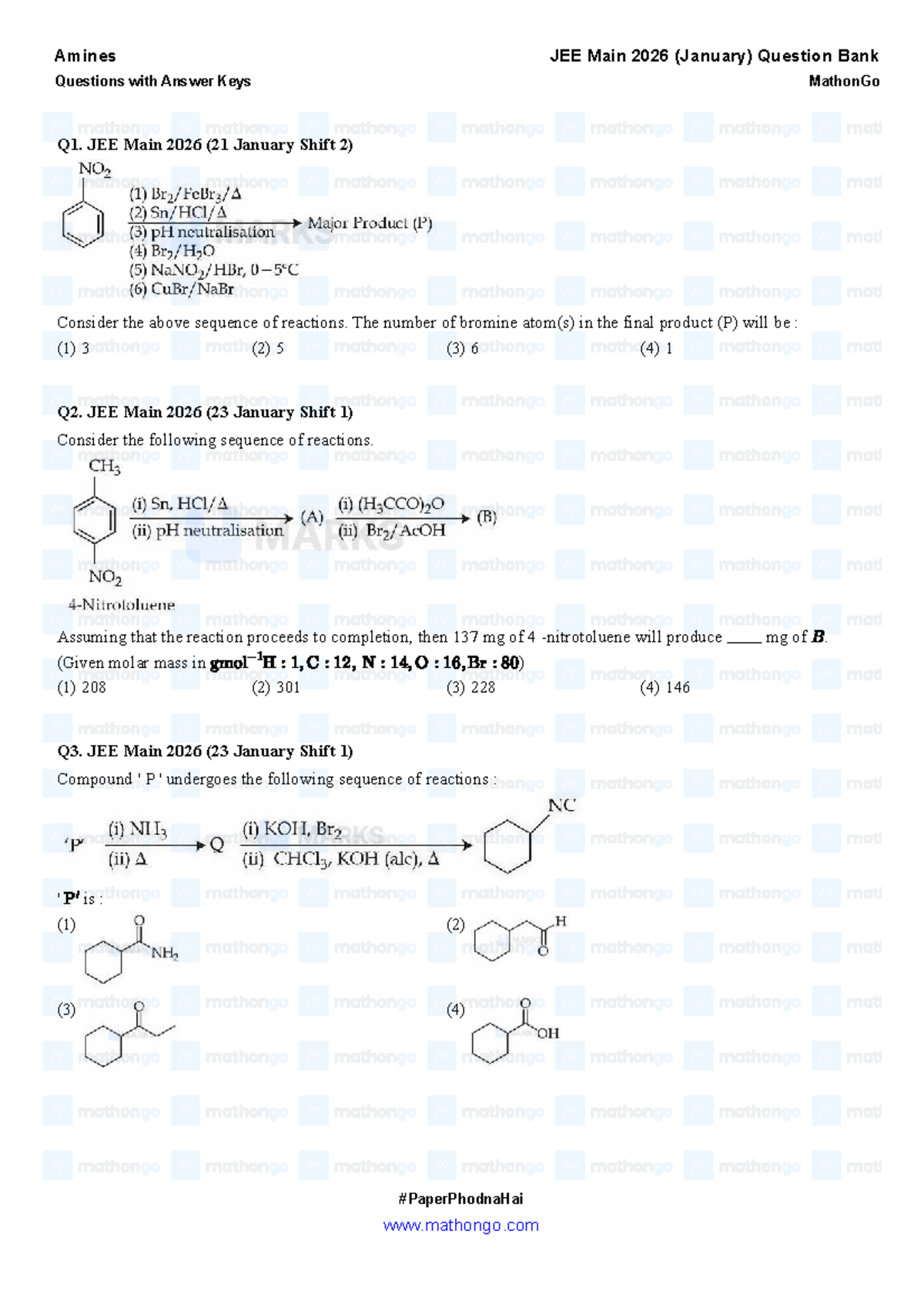 Amines JEE Main 2026 (January) Question Bank with Answer Keys - Studocu