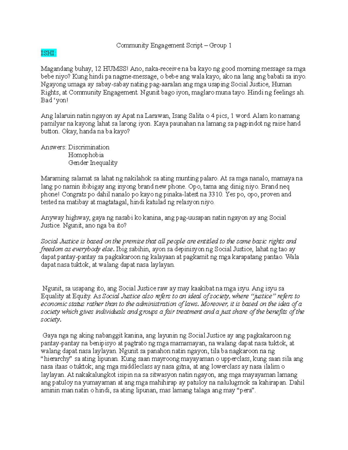 Social Justice and Community Engagement Script - HUMSS 12 - Studocu